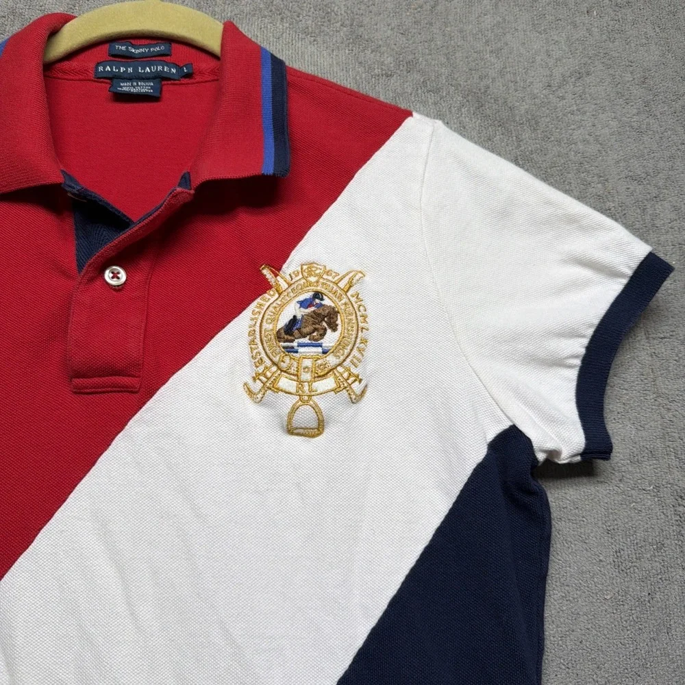 Ralph Lauren Skinny Polo‎ Shirt Equestrian Crest No 2 Sleeve Colorblock Mens L